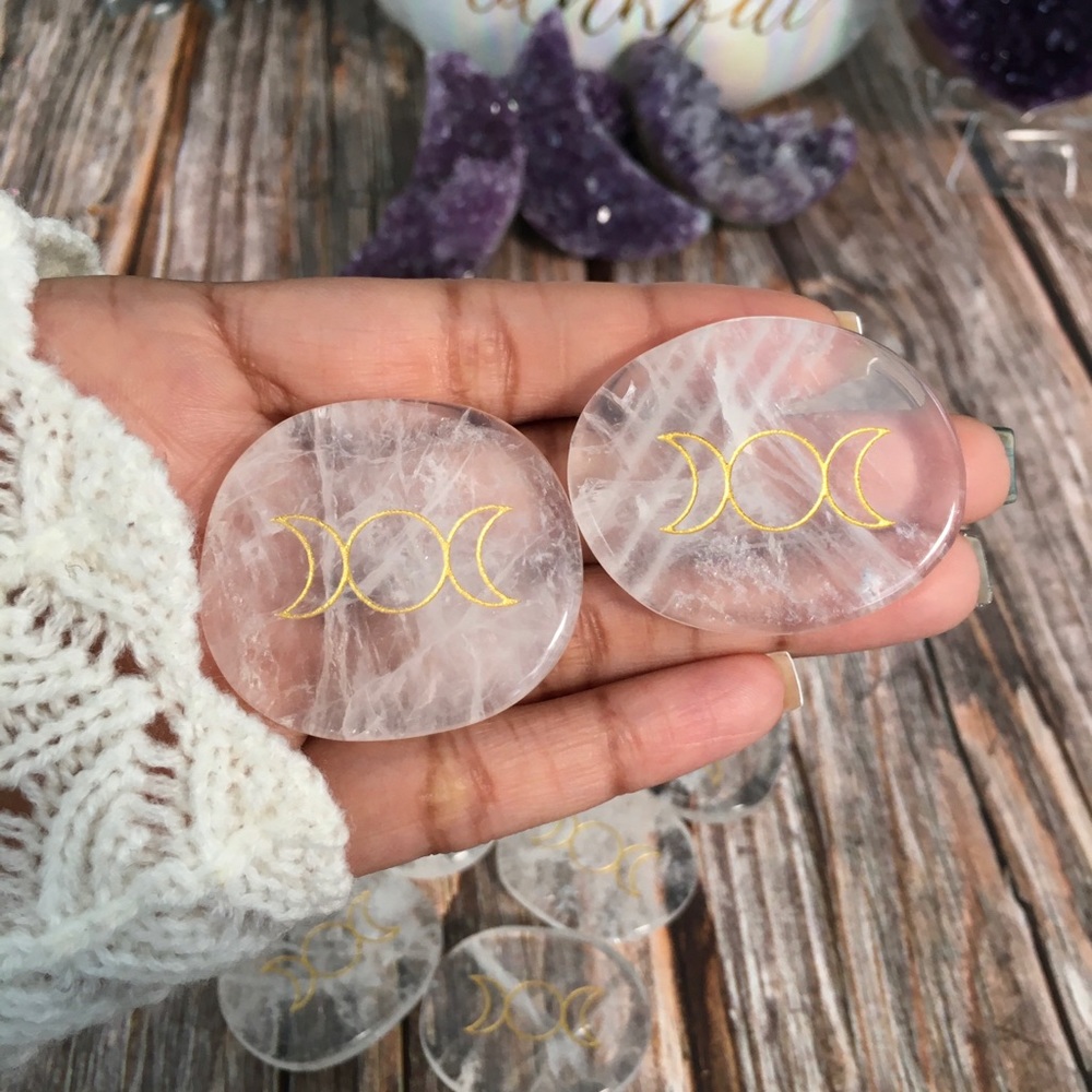 Clear Quartz Triple Moon Goddess Coin.